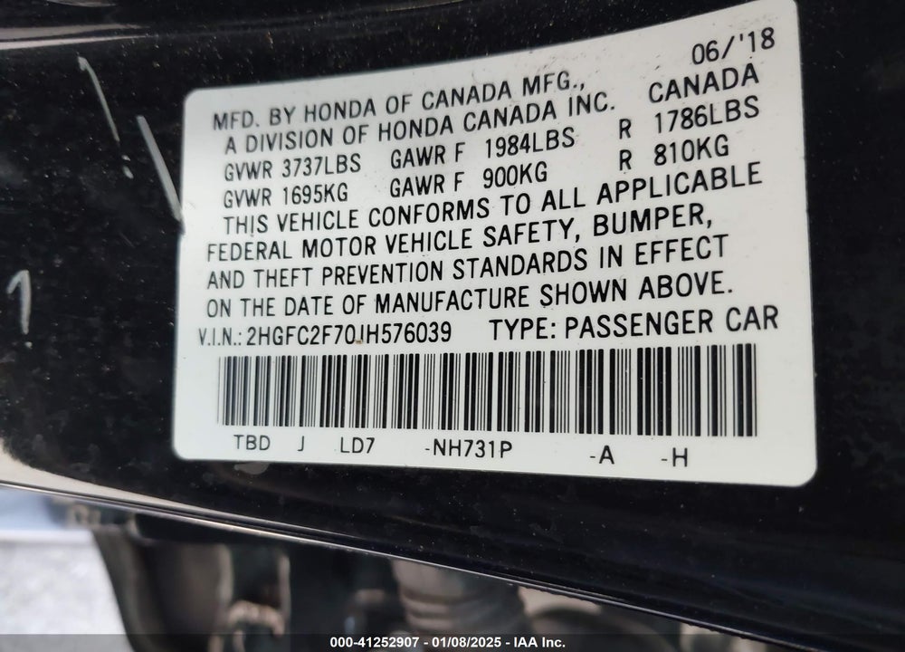 2018 HONDA CIVIC EX VIN: 2HGFC2F70JH576039