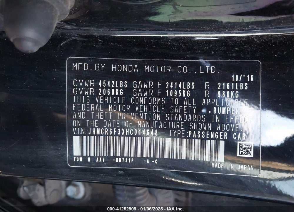 2017 HONDA ACCORD HYBRID VIN: JHMCR6F3XHC014648