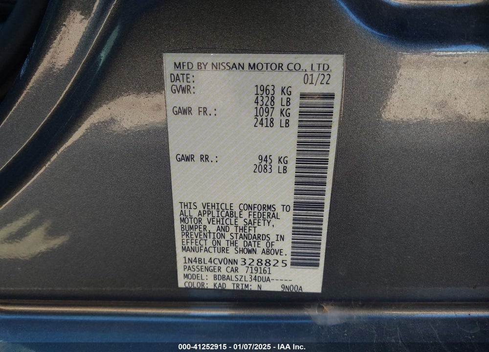 2022 NISSAN ALTIMA SR FWD VIN: 1N4BL4CV0NN328825
