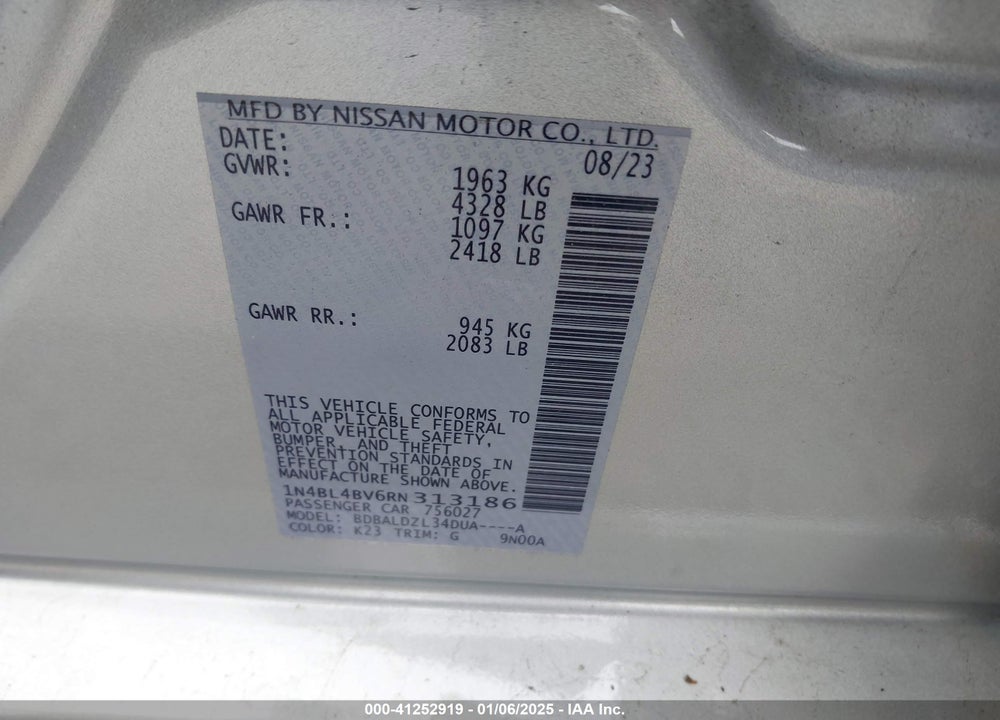 2024 NISSAN ALTIMA VIN: 1N4BL4BV6RN313186