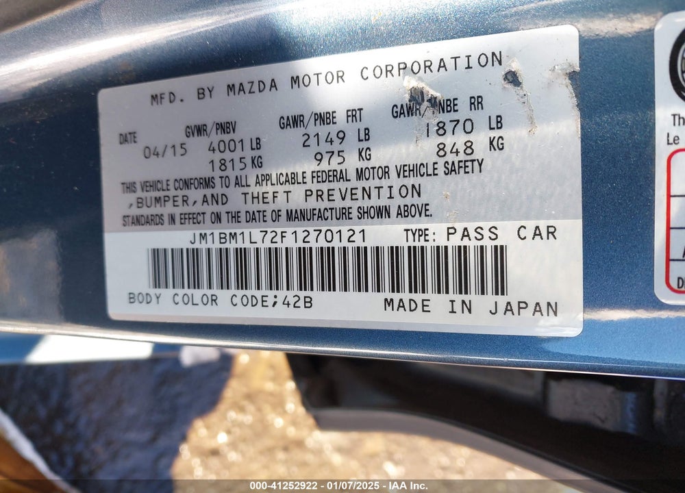 2015 MAZDA 3 VIN: JM1BM1L72F1270121