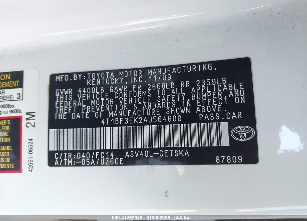 2010 TOYOTA CAMRY VIN: 4T1BF3EK2AU564600