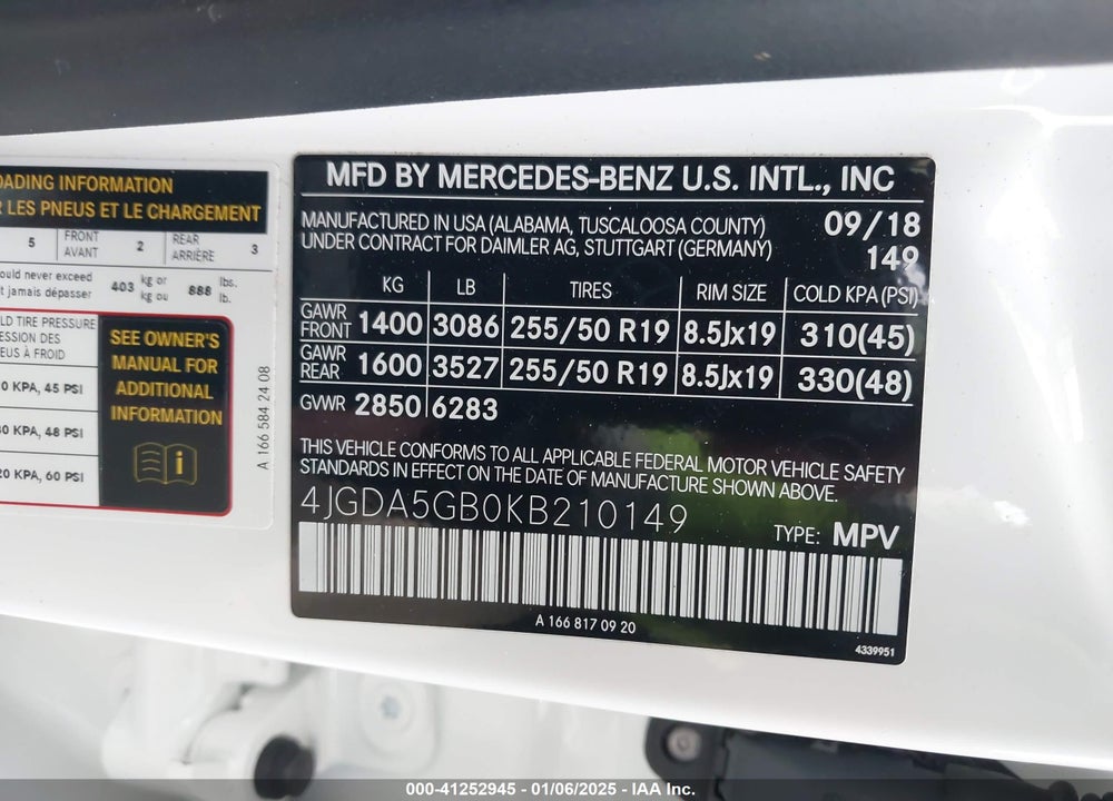 2019 MERCEDES-BENZ GLE 400 4MATIC VIN: 4JGDA5GB0KB210149