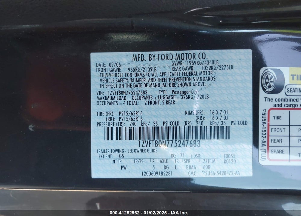 2007 FORD MUSTANG V6 DELUXE/V6 PREMIUM VIN: 1ZVFT80N775247683