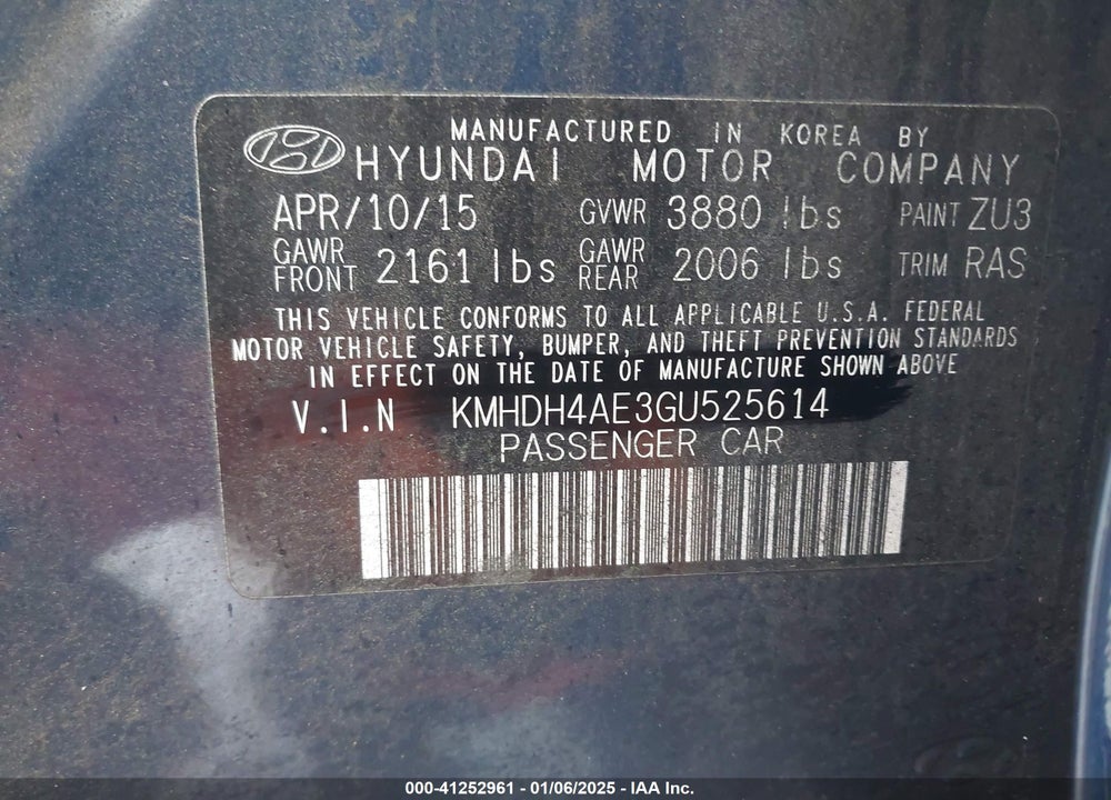 2016 HYUNDAI ELANTRA VIN: KMHDH4AE3GU525614