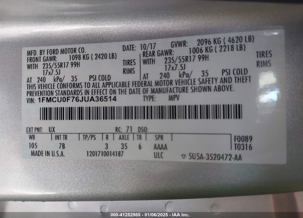 2018 FORD ESCAPE S VIN: 1FMCU0F76JUA36514