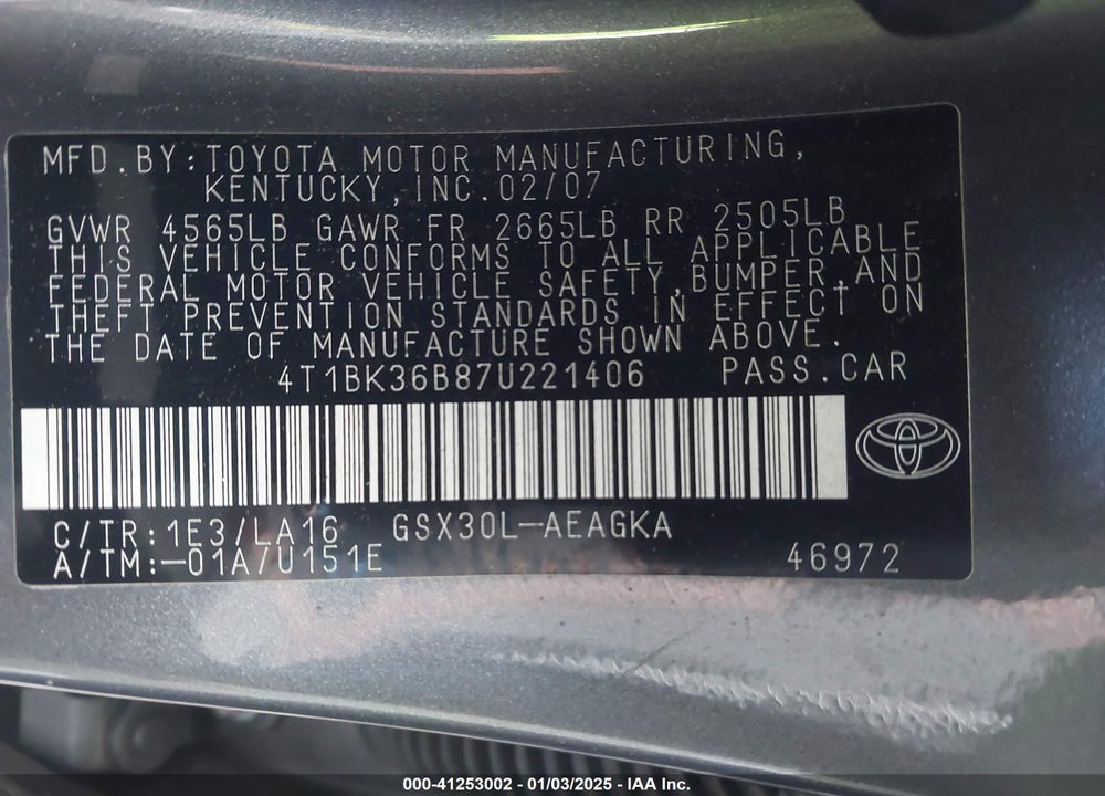 2007 TOYOTA AVALON XLS VIN: 4T1BK36B87U221406