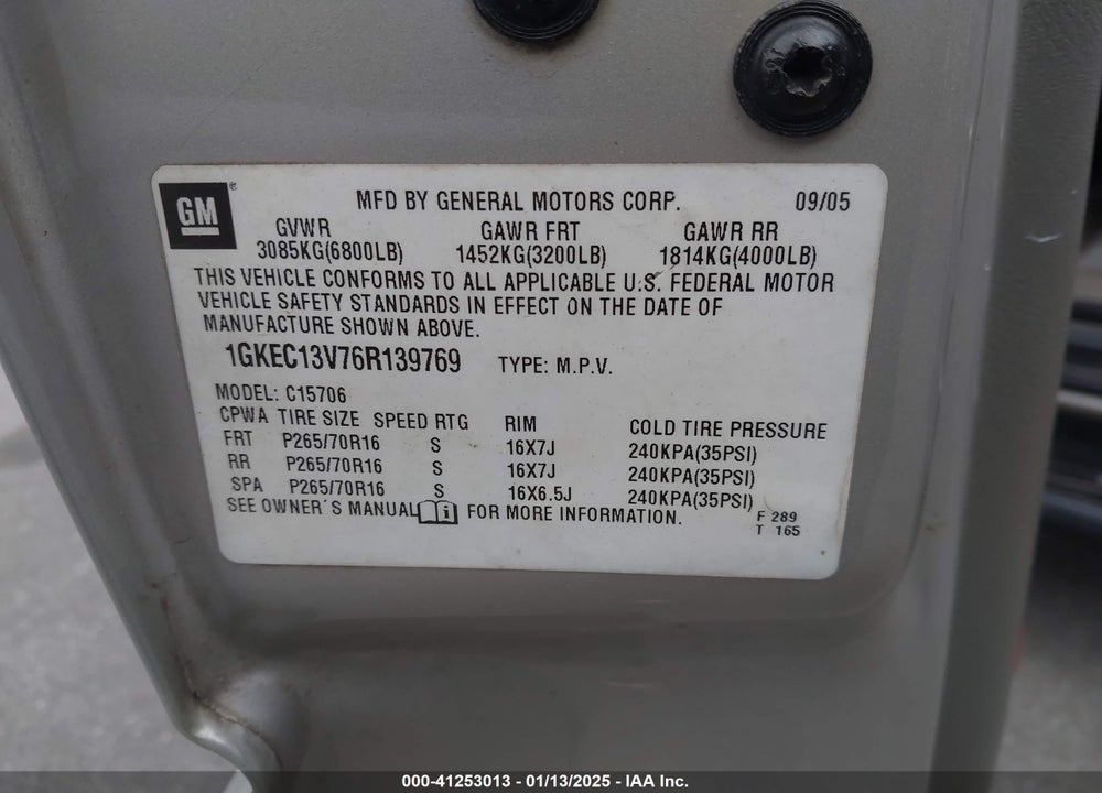 2006 GMC YUKON SLE VIN: 1GKEC13V76R139769