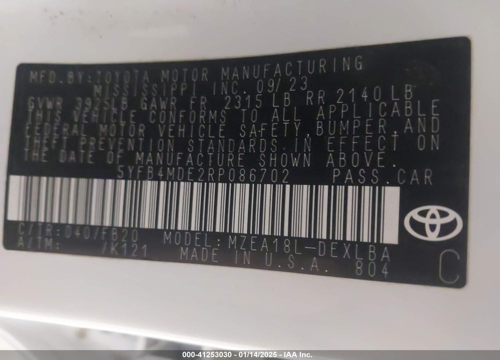 2024 TOYOTA COROLLA LE VIN: 5YFB4MDE2RP086702