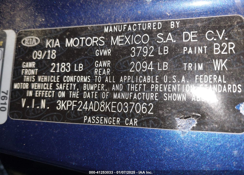 2019 KIA FORTE LXS VIN: 3KPF24AD8KE037062