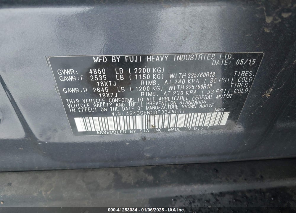 2015 SUBARU OUTBACK 3.6R LIMITED VIN: 4S4BSENC8F3346531