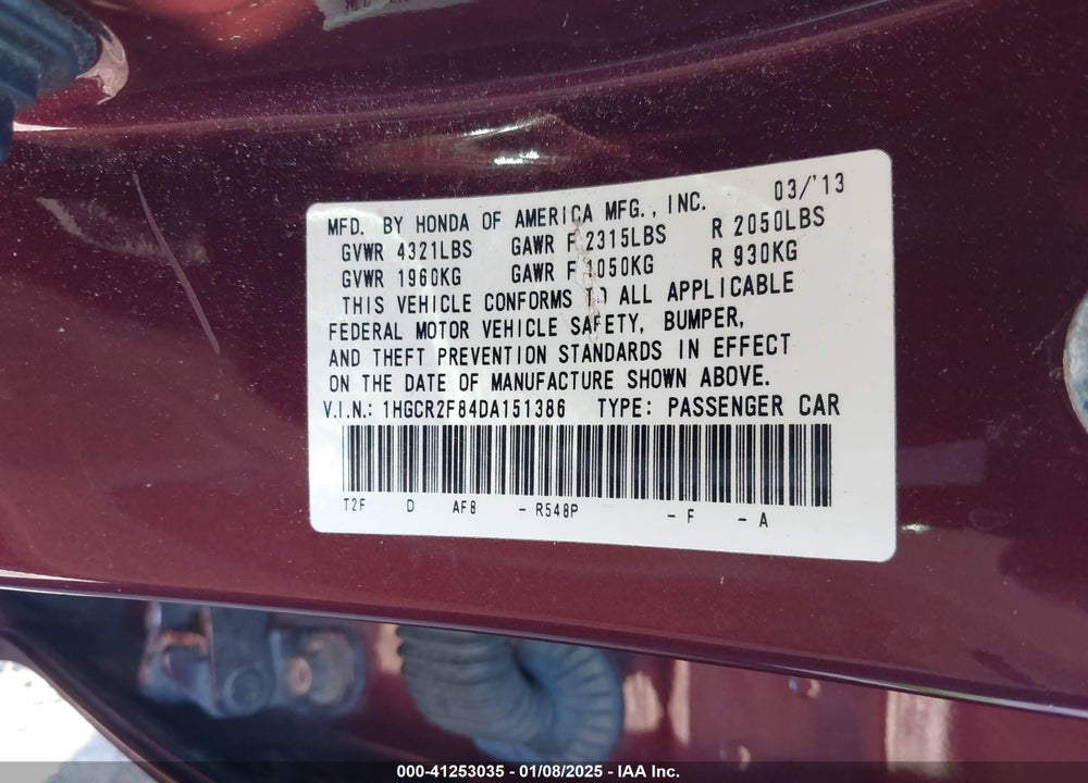 2013 HONDA ACCORD VIN: 1HGCR2F84DA151386