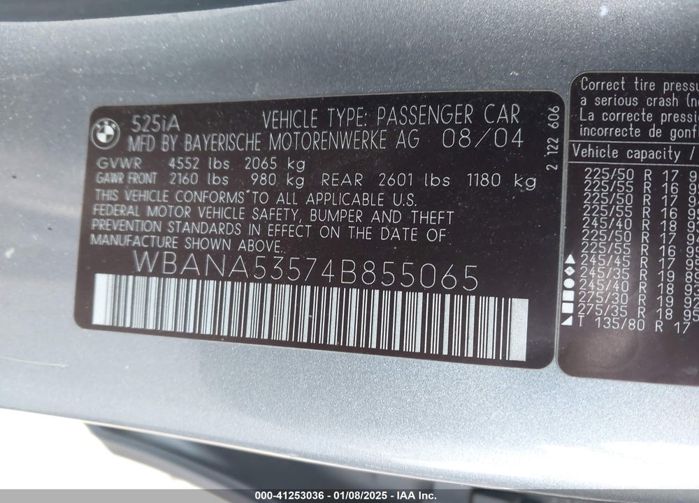2004 BMW 525I VIN: WBANA53574B855065