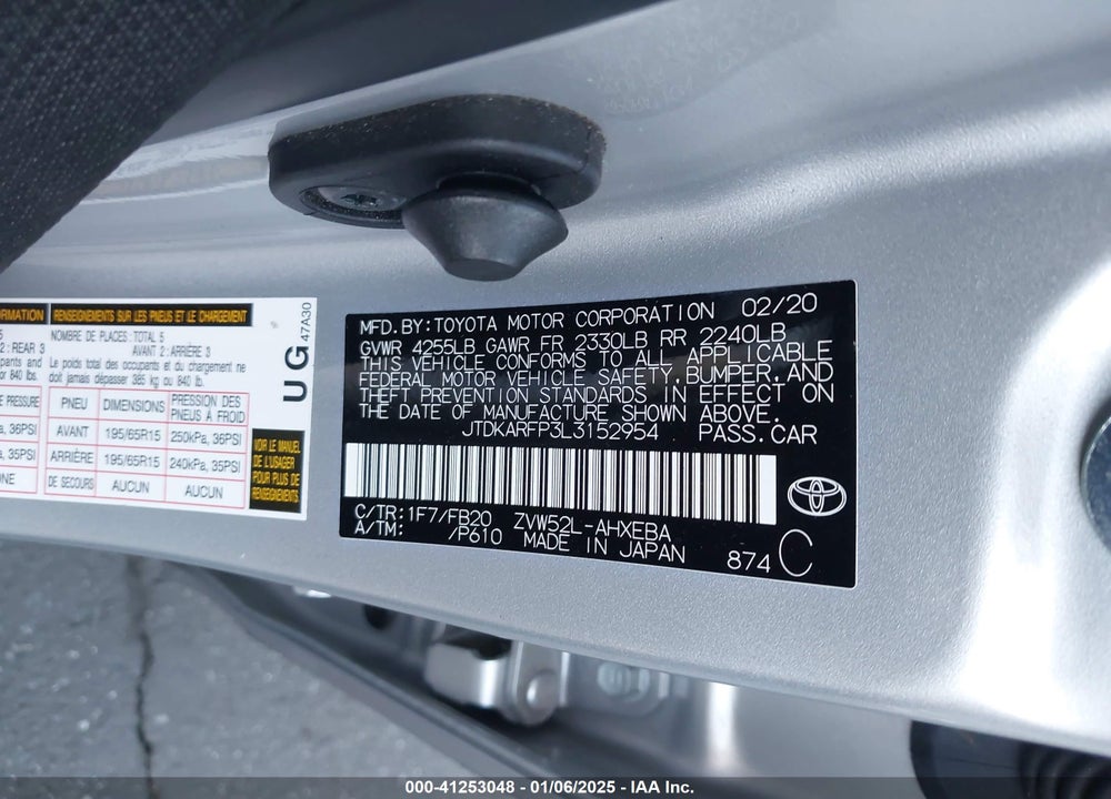 2020 TOYOTA PRIUS PRIME LE VIN: JTDKARFP3L3152954