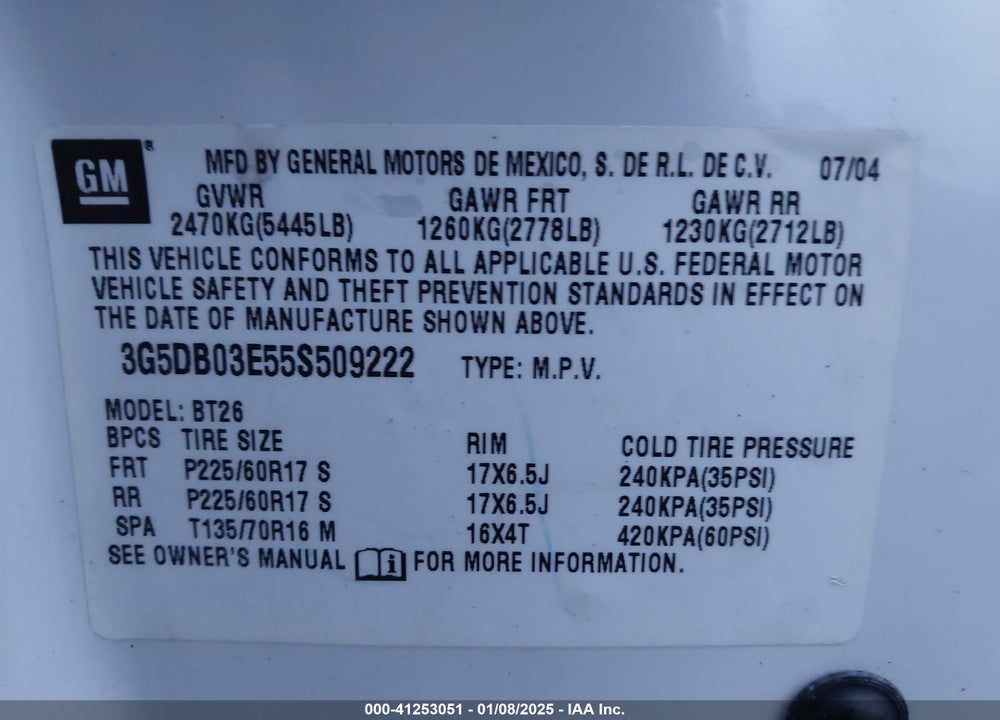 2005 BUICK RENDEZVOUS CX VIN: 3G5DB03E55S509222