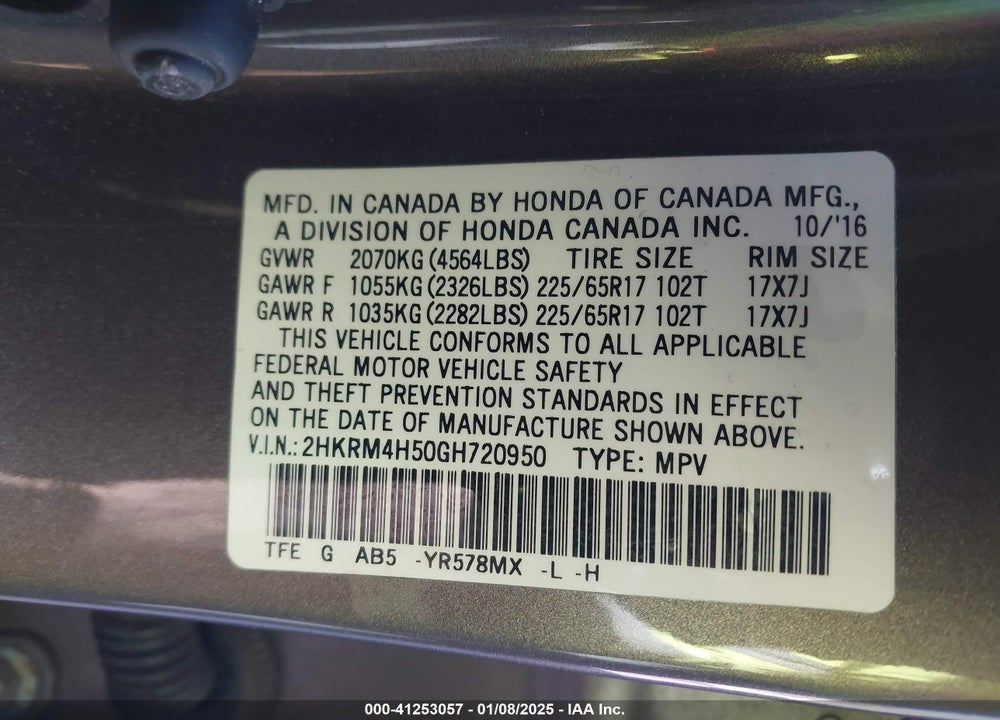 2016 HONDA CR-V EX VIN: 2HKRM4H50GH720950