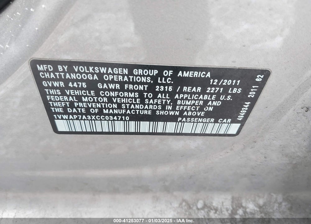 2012 VOLKSWAGEN PASSAT 2.5L S VIN: 1VWAP7A3XCC034710