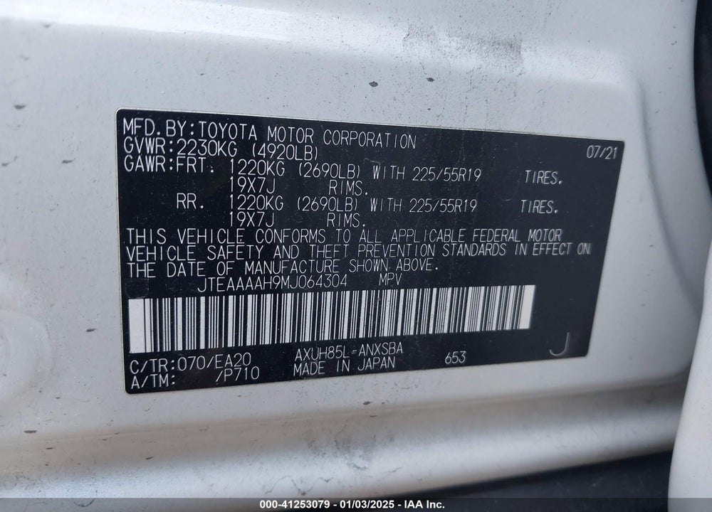 2021 TOYOTA VENZA LIMITED VIN: JTEAAAAH9MJ064304