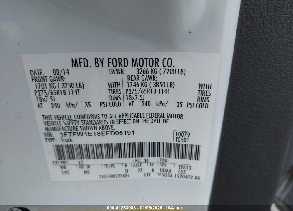 2014 FORD F-150 XLT VIN: 1FTFW1ET8EFD06191
