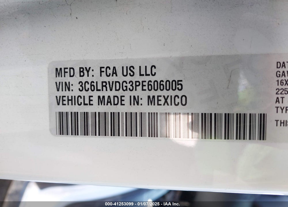2023 RAM PROMASTER 2500 HIGH ROOF 159 WB VIN: 3C6LRVDG3PE606005