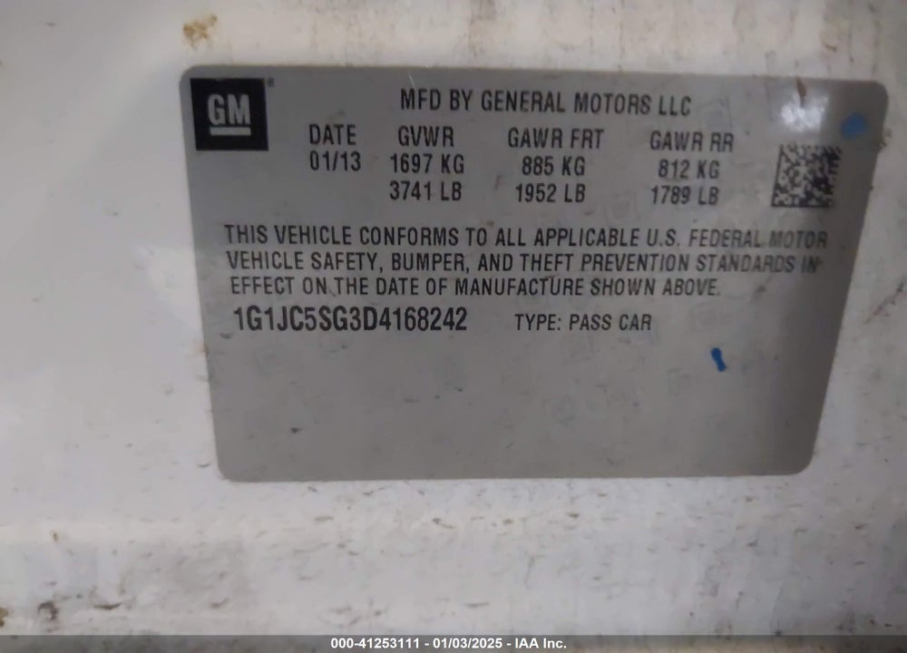 2013 CHEVROLET SONIC VIN: 1G1JC5SG3D4168242