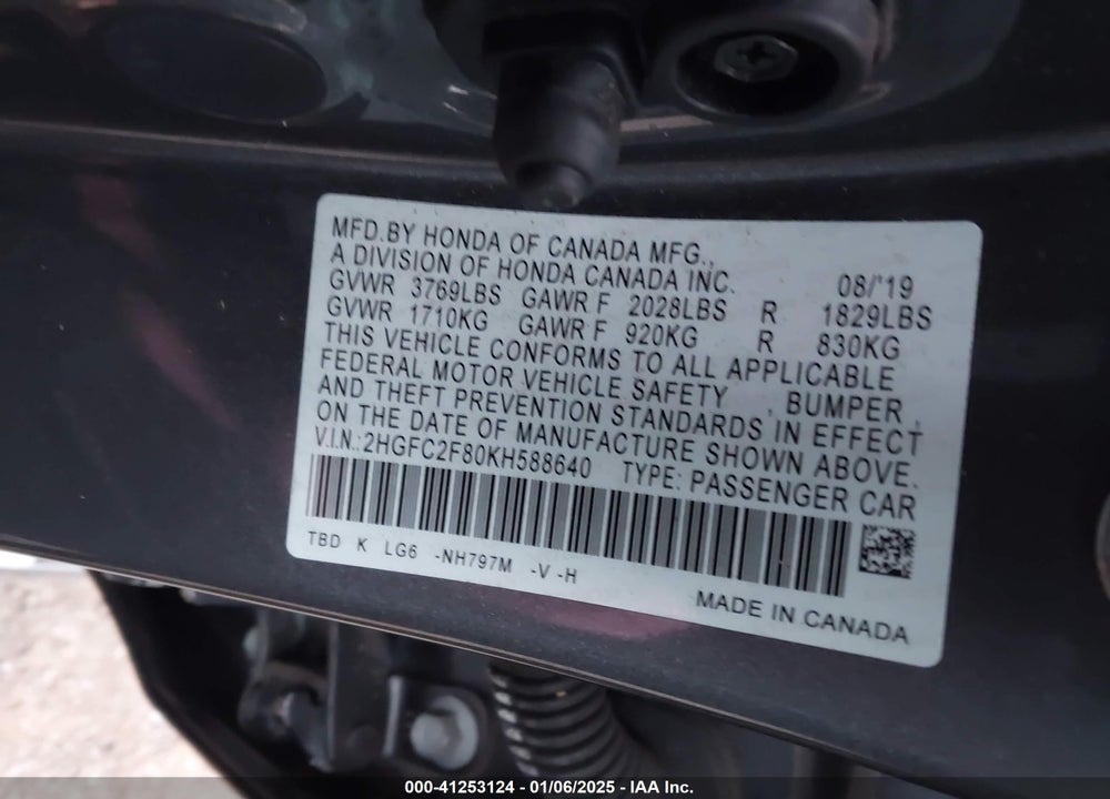 2019 HONDA CIVIC VIN: 2HGFC2F80KH588640