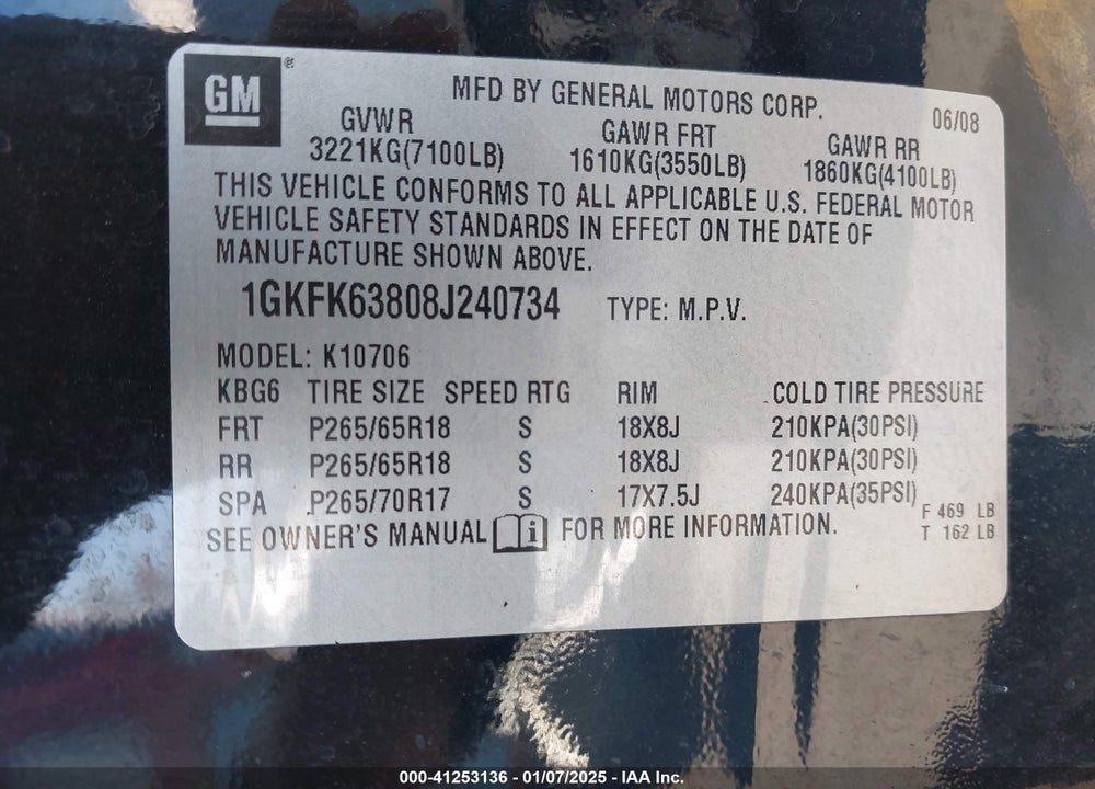 2008 GMC YUKON DENALI VIN: 1GKFK63808J240734
