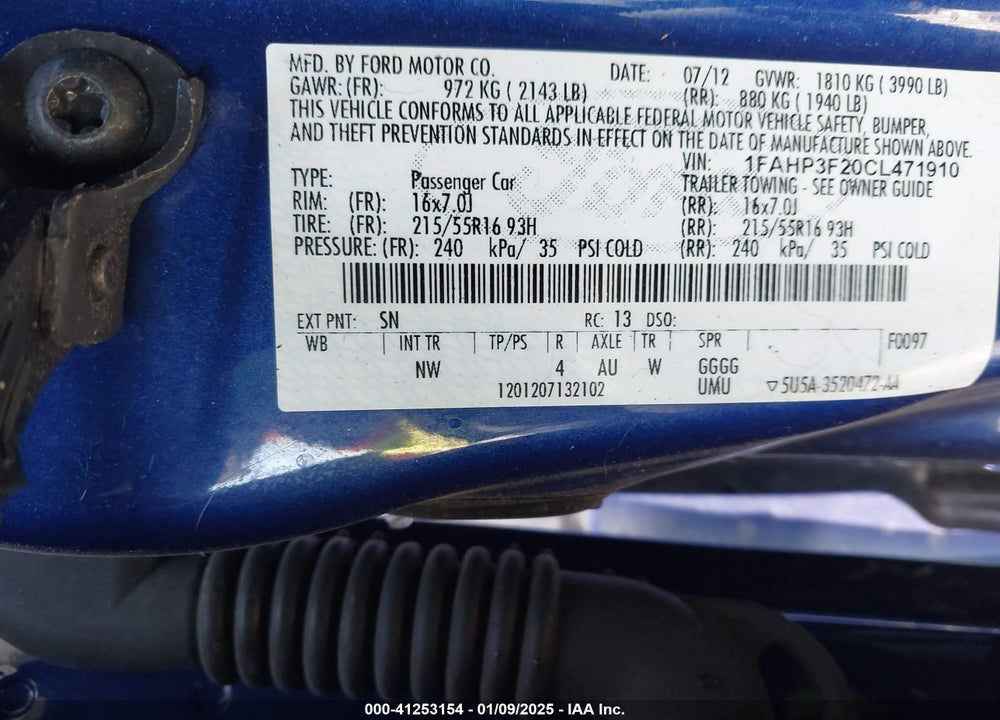 2012 FORD FOCUS SE VIN: 1FAHP3F20CL471910