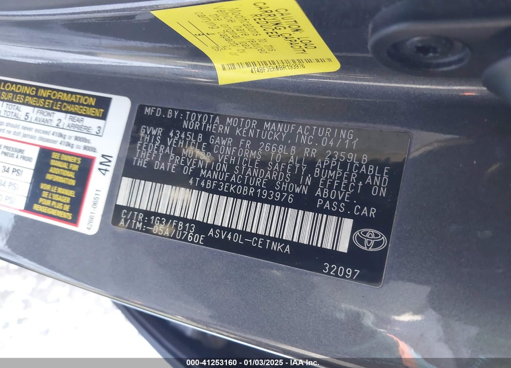 2011 TOYOTA CAMRY LE VIN: 4T4BF3EK0BR193976