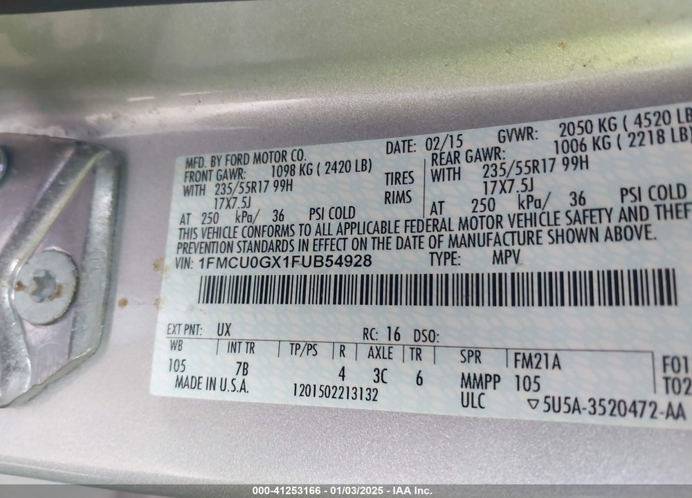 2015 FORD ESCAPE SE VIN: 1FMCU0GX1FUB54928