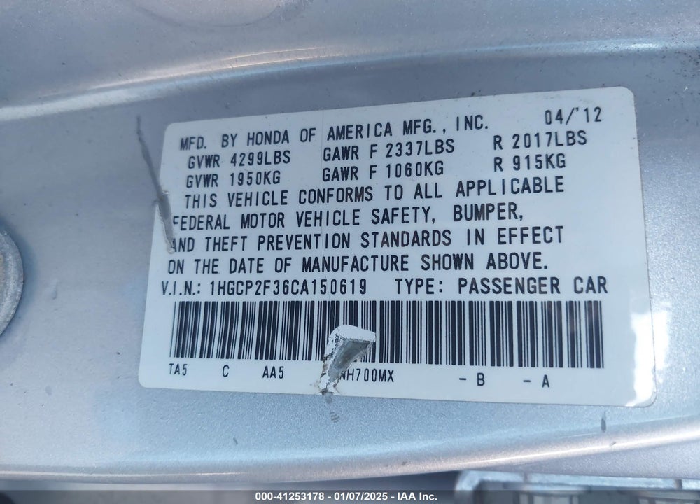 2012 HONDA ACCORD 2.4 LX VIN: 1HGCP2F36CA150619