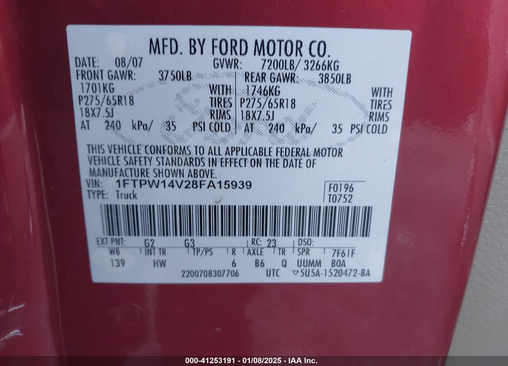 2008 FORD F150 VIN: 1FTPW14V28FA15939