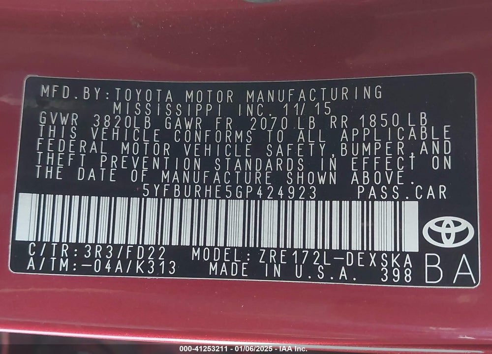 2016 TOYOTA COROLLA VIN: 5YFBURHE5GP424923