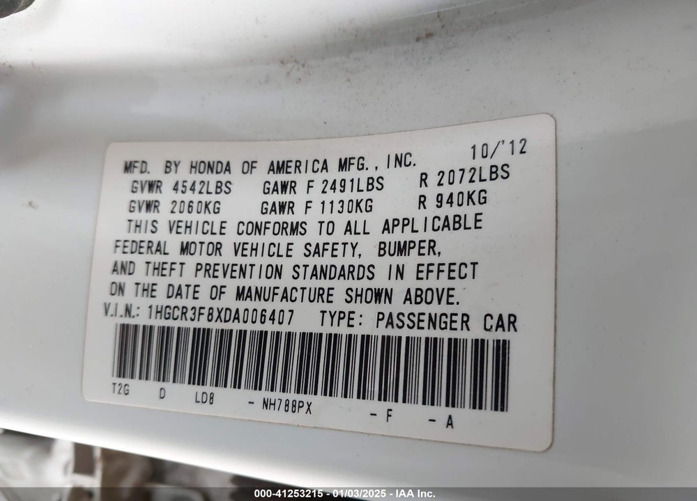 2013 HONDA ACCORD VIN: 1HGCR3F8XDA006407