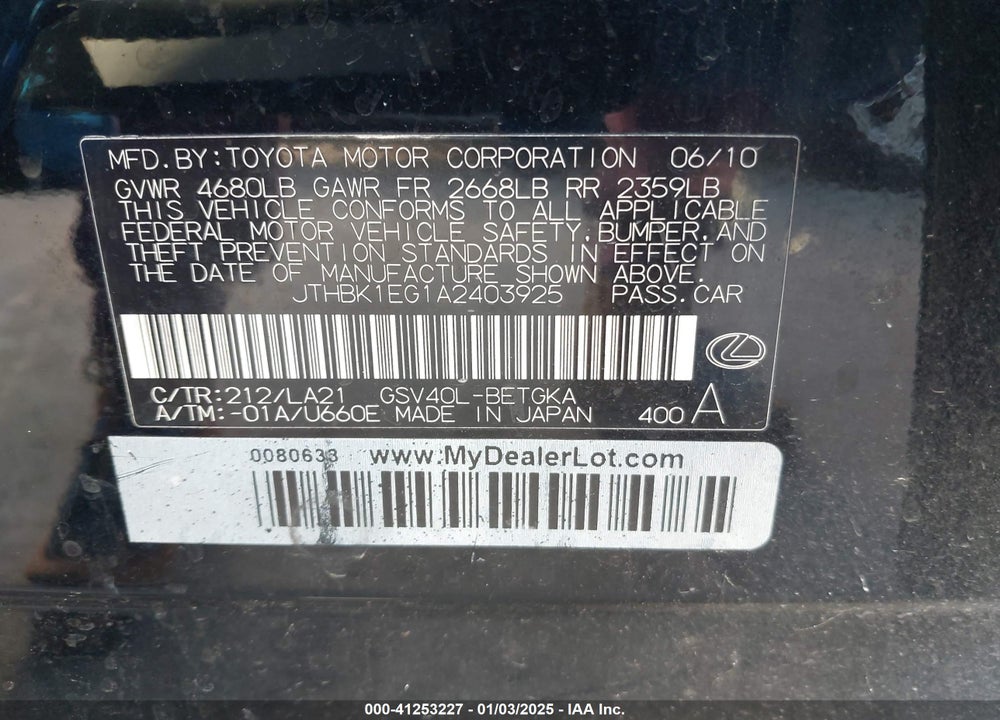 2010 LEXUS ES 350 VIN: JTHBK1EG1A2403925