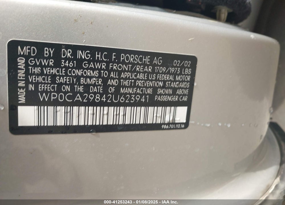 2002 PORSCHE BOXSTER VIN: WP0CA29842U623941