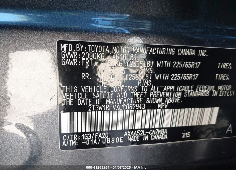 2020 TOYOTA RAV4 XLE VIN: 2T3W1RFVXLC062943