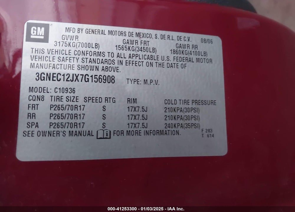 2007 CHEVROLET AVALANCHE 1500 LT VIN: 3GNEC12JX7G156908