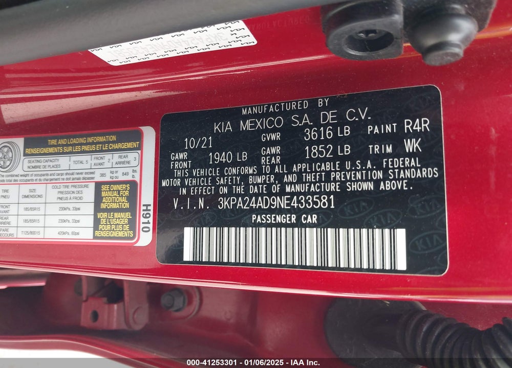 2022 KIA RIO S VIN: 3KPA24AD9NE433581