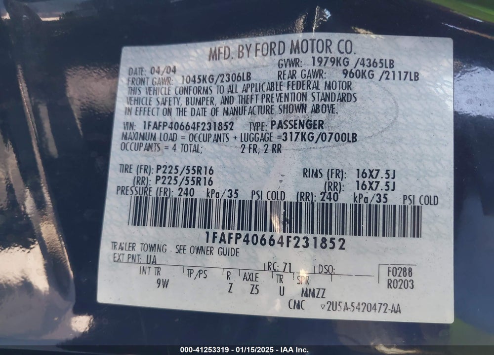 2004 FORD MUSTANG VIN: 1FAFP40664F231852