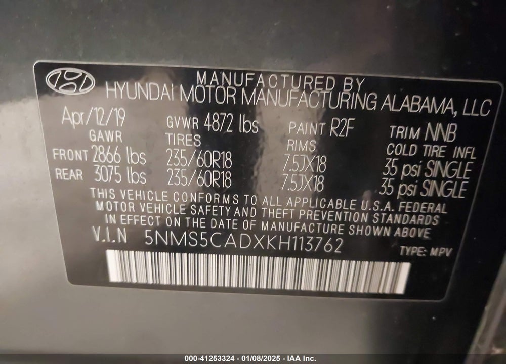 2019 HYUNDAI SANTA FE ULTIMATE VIN: 5NMS5CADXKH113762