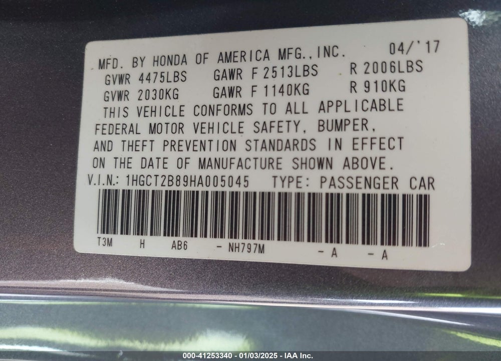 2017 HONDA ACCORD VIN: 1HGCT2B89HA005045