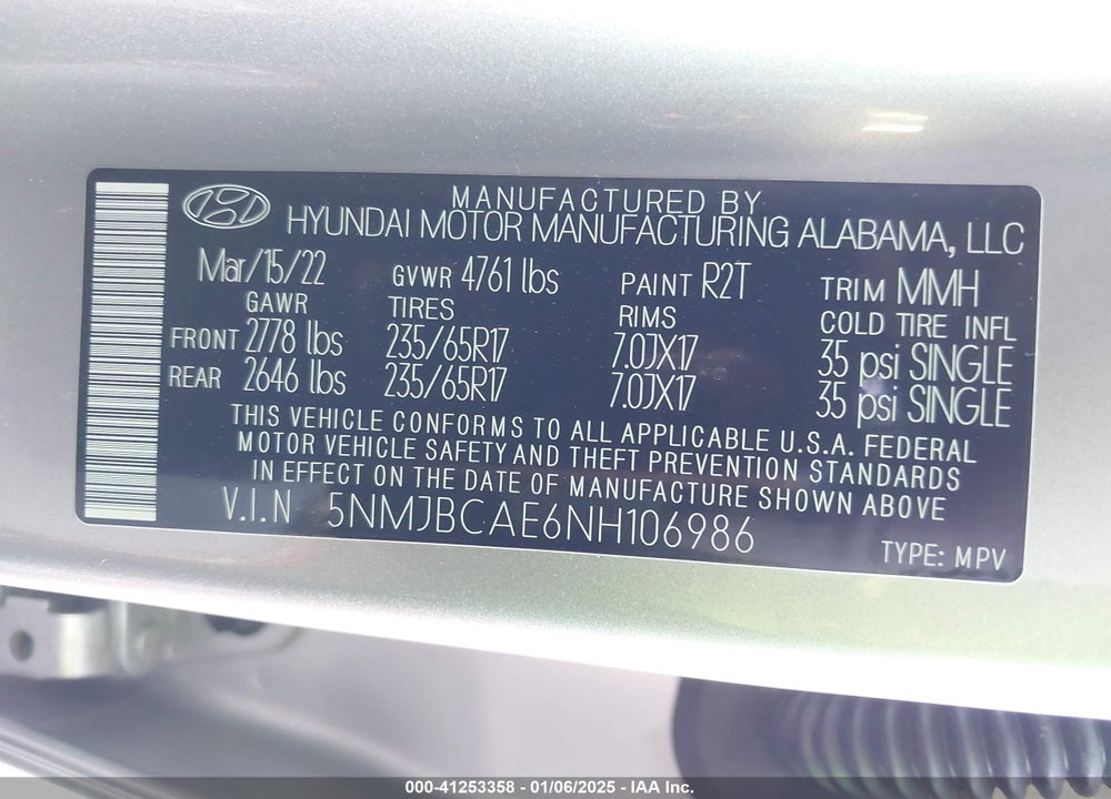 2022 HYUNDAI TUCSON SEL VIN: 5NMJBCAE6NH106986