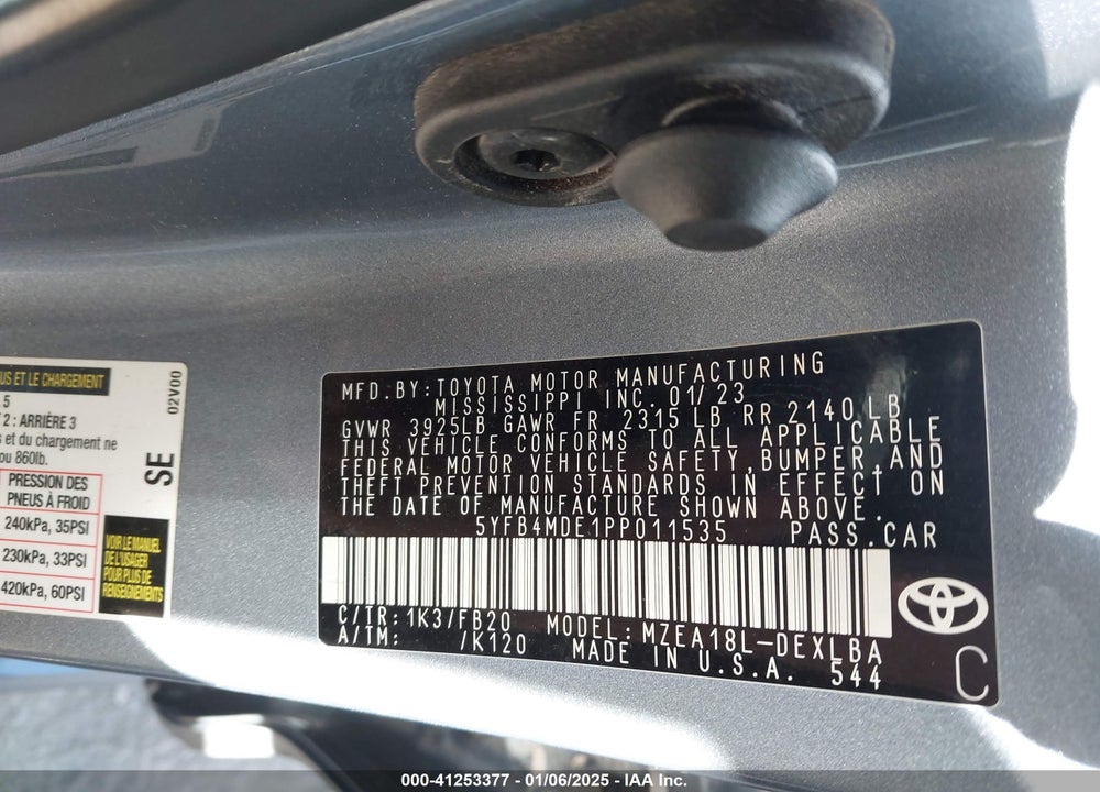 2023 TOYOTA COROLLA LE VIN: 5YFB4MDE1PP011535