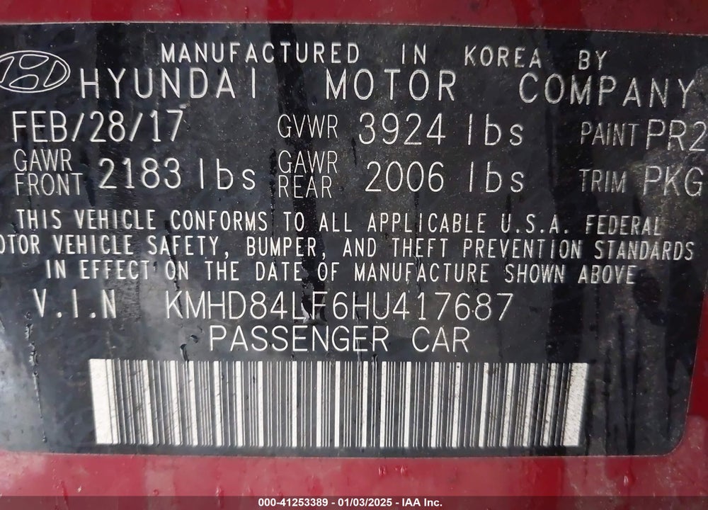 2017 HYUNDAI ELANTRA SE VIN: KMHD84LF6HU417687