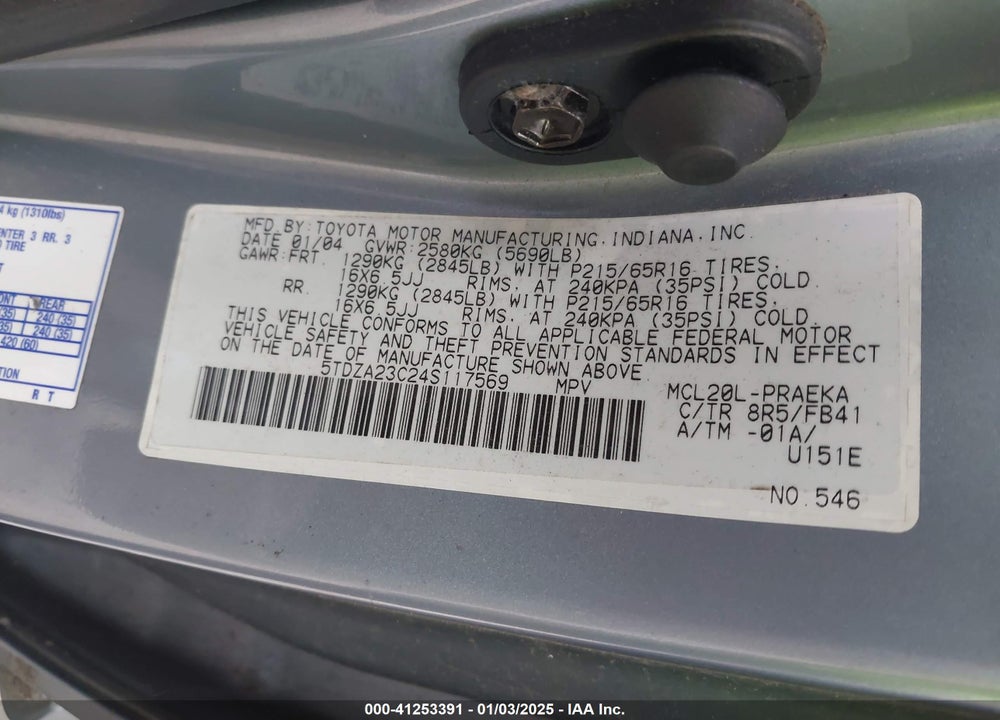 2004 TOYOTA SIENNA LE VIN: 5TDZA23C24S117569