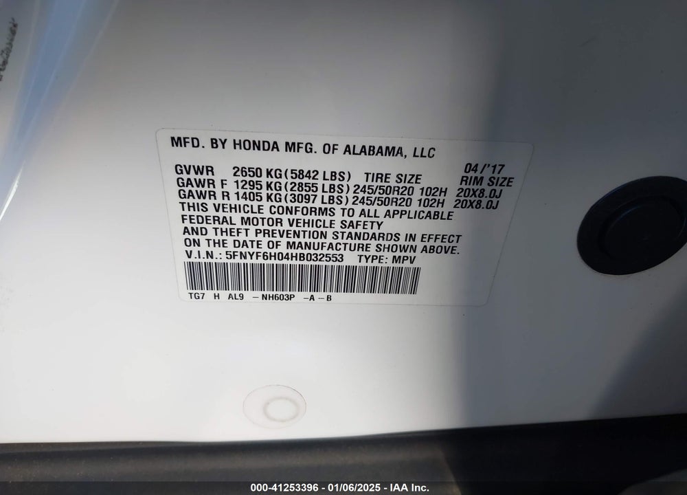 2017 HONDA PILOT ELITE VIN: 5FNYF6H04HB032553