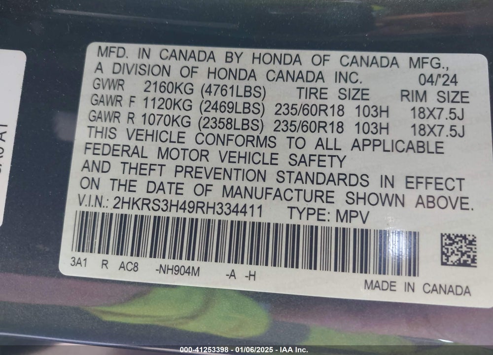 2024 HONDA CR-V VIN: 2HKRS3H49RH334411