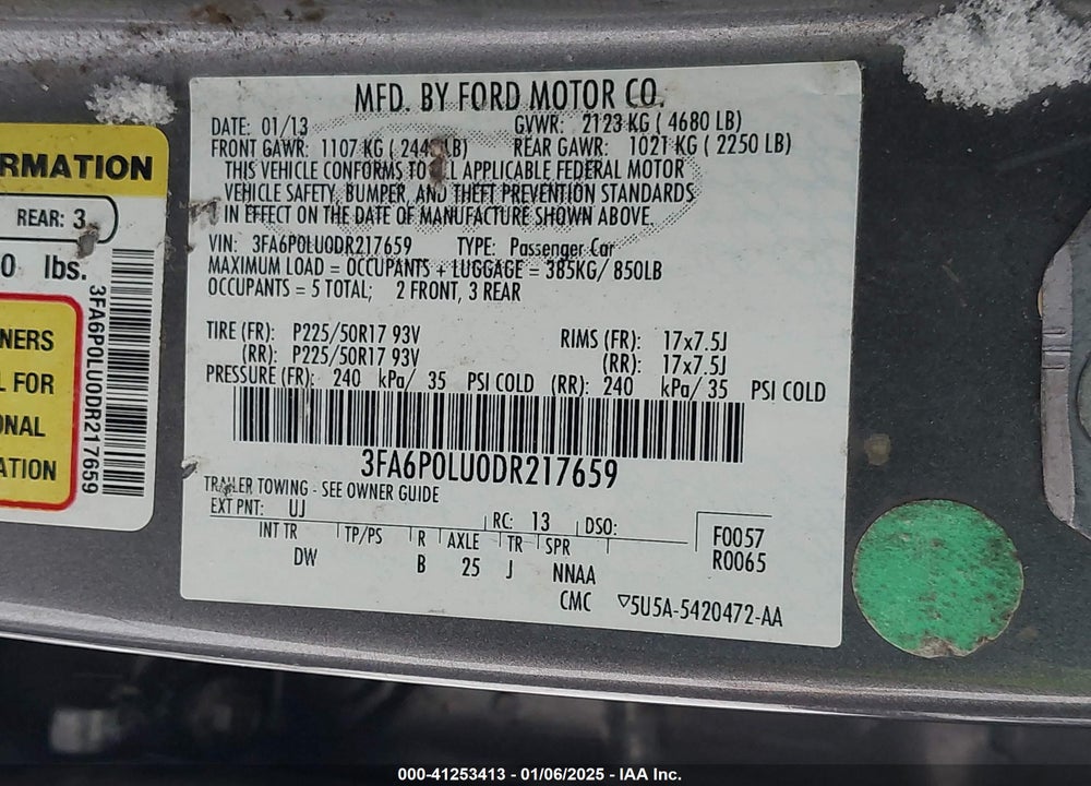 2013 FORD FUSION HYBRID SE VIN: 3FA6P0LU0DR217659
