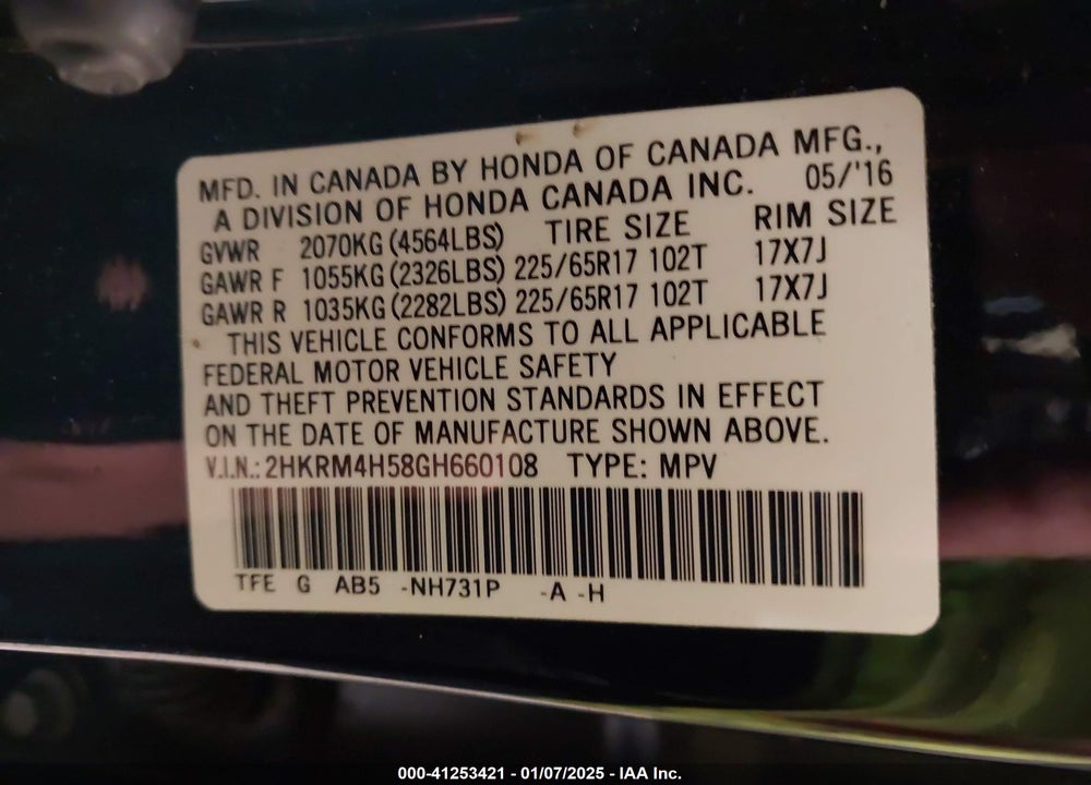 2016 HONDA CR-V EX VIN: 2HKRM4H58GH660108